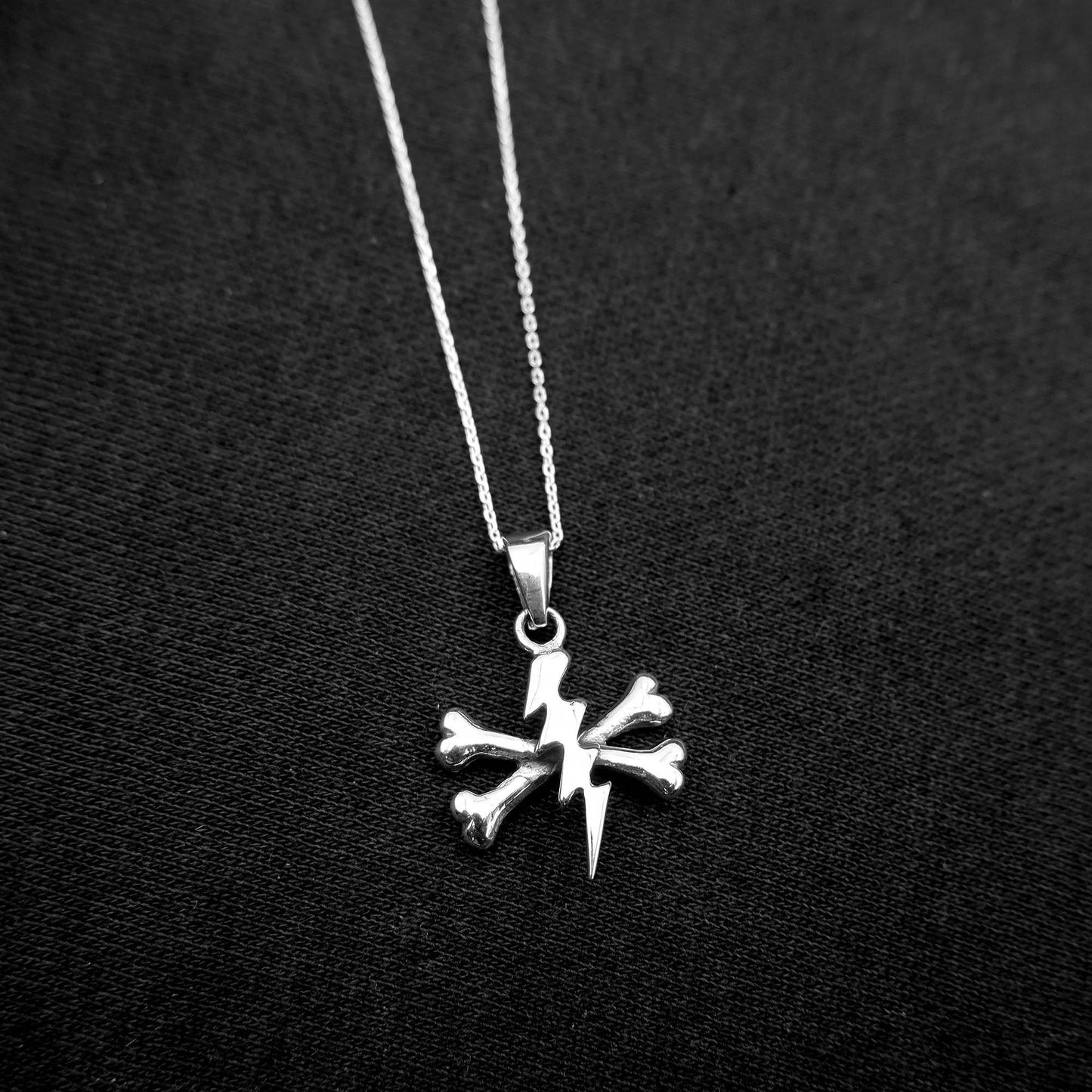 Steampunk Cross bone Thunder Pendant Necklace - 925 Sterling Silver -Lightning bolt Skeleton Punk Metal Necklace - Lighning Pendant Necklace - Aster & Trinkets