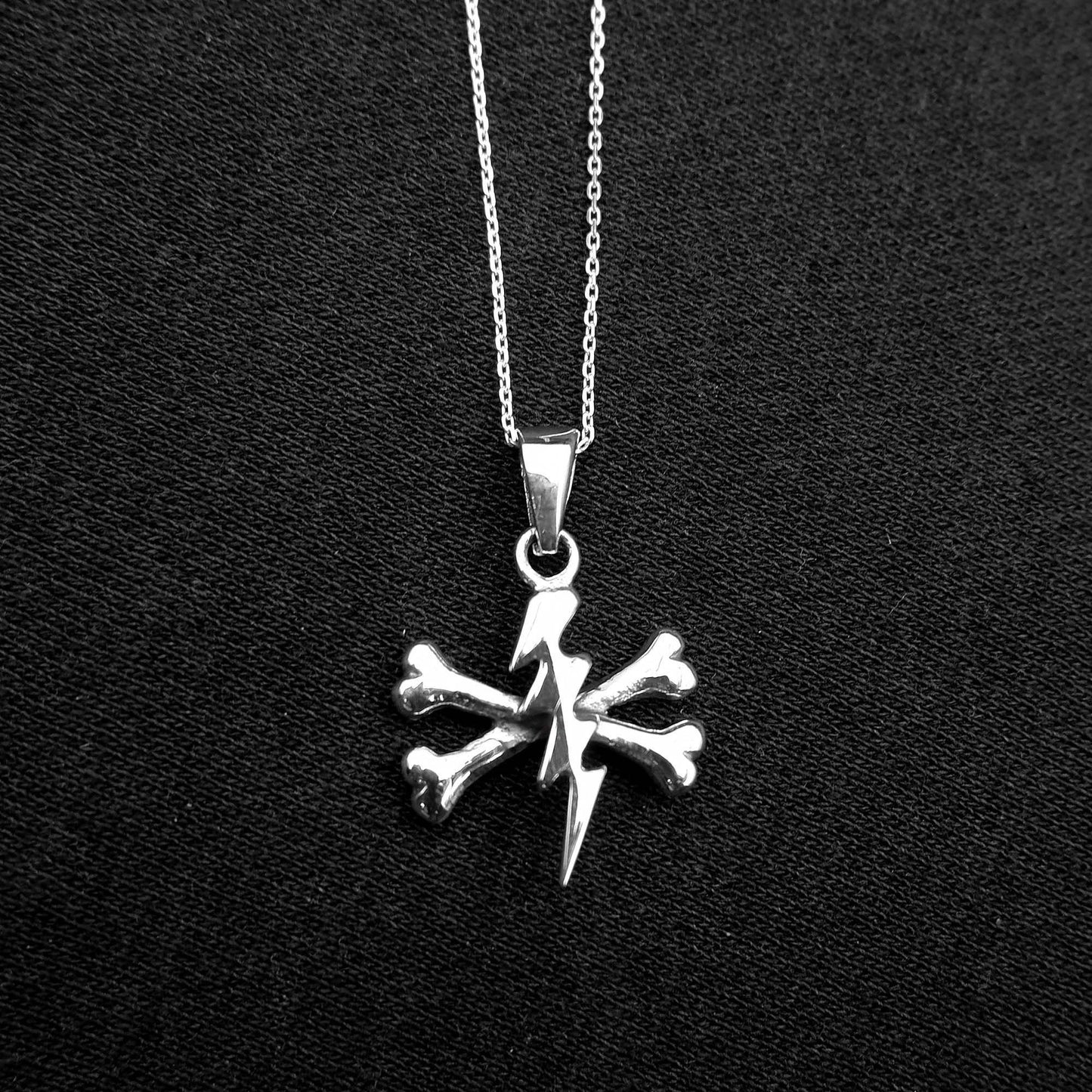 Steampunk Cross bone Thunder Pendant Necklace - 925 Sterling Silver -Lightning bolt Skeleton Punk Metal Necklace - Lighning Pendant Necklace - Aster & Trinkets