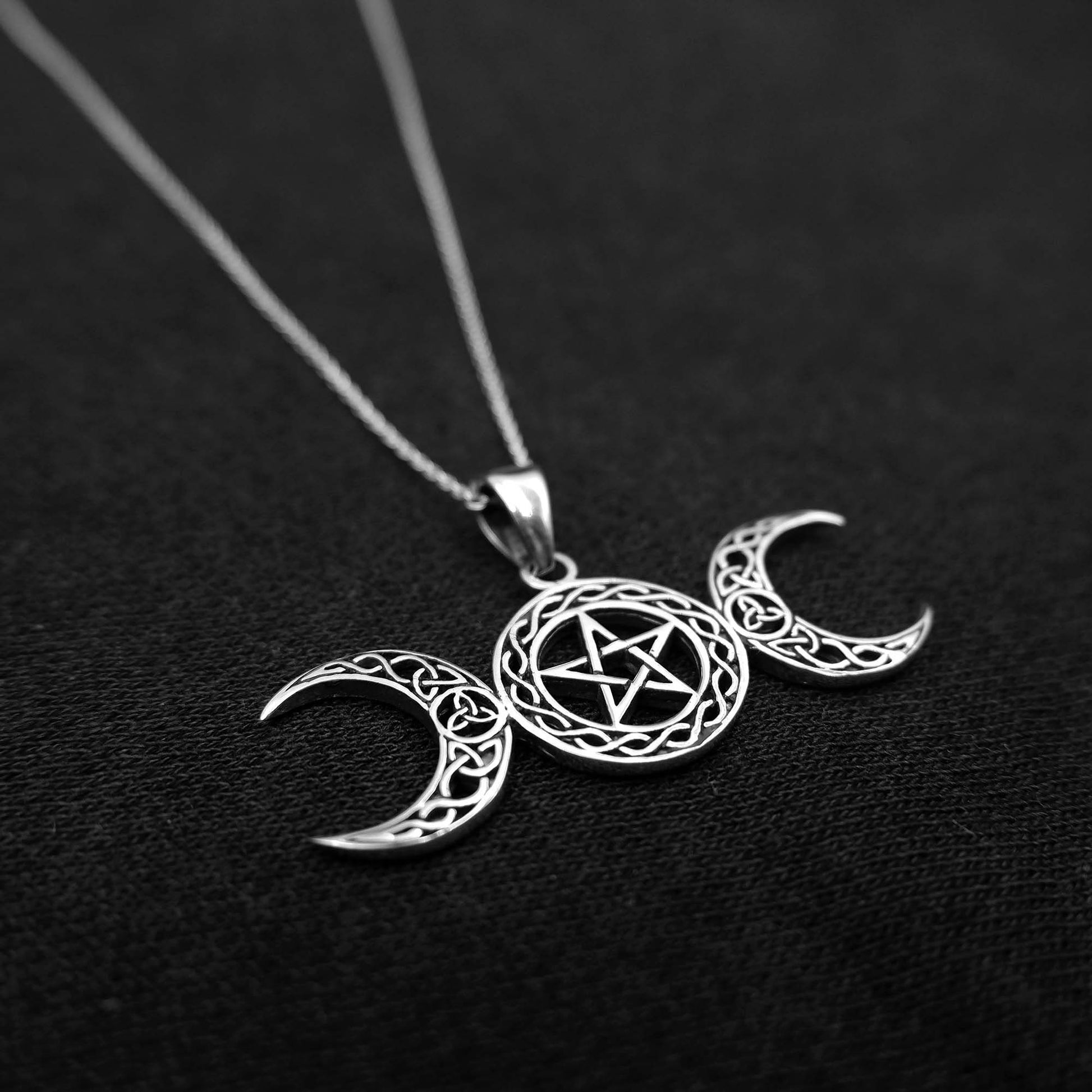 Celtic Triple moon pentagram necklace, 925 Silver Pentagram moon necklace, Moon Goddess Pendant, Pentacle Wiccan Witch Occult Pagan Necklace - Aster & Trinkets