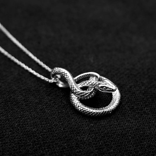 Coiled Snake Serpent Ouroboros Necklace -  925 Silver Serpent Charm Pendant - Serpentine Snake Jewelry - Pagan Wiccan Goth Witchy Necklace - Aster & Trinkets