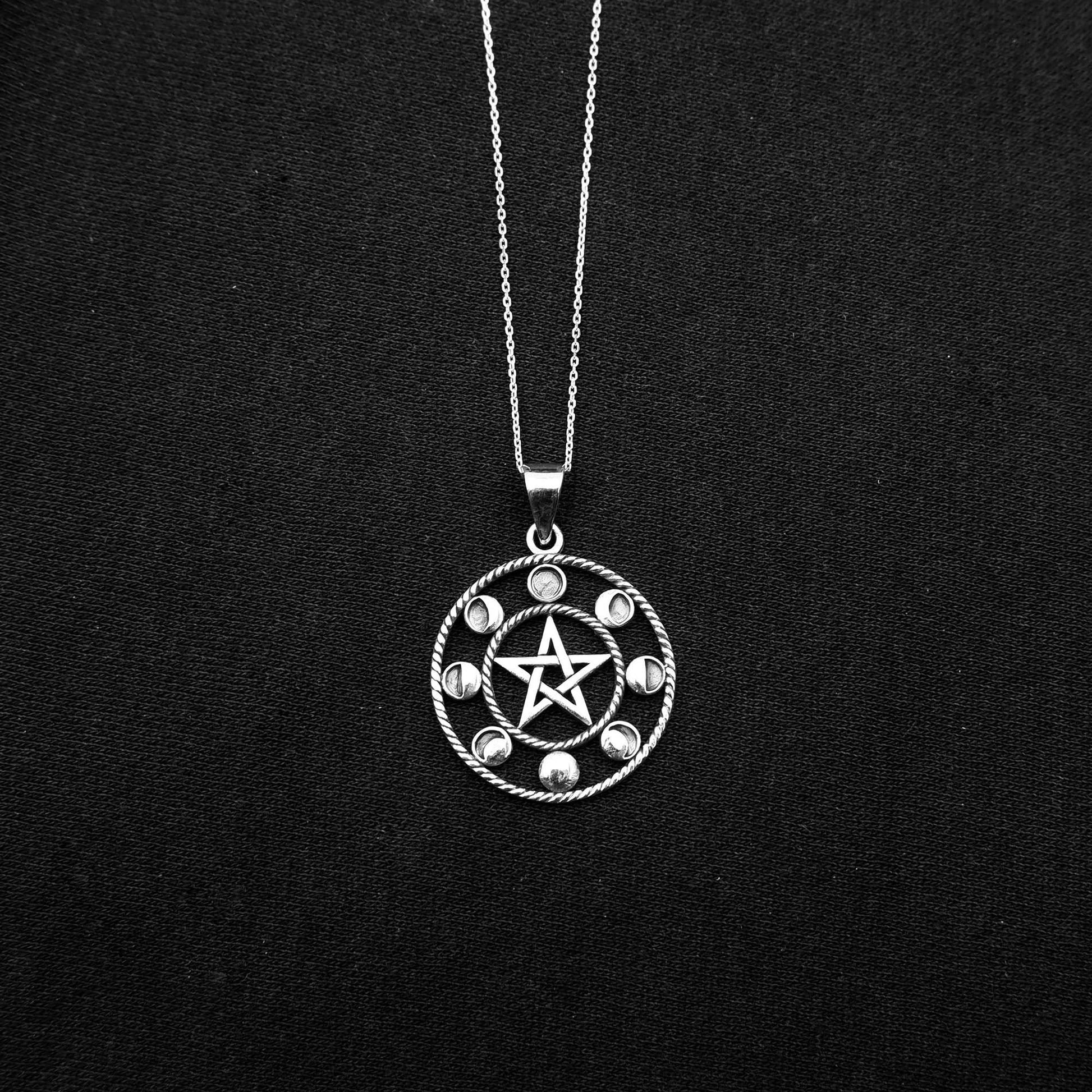 925 Sterling Silver Moon Phases Pentacle Pendant Necklace - Celestial Boho Moon Lunar Charm Necklace - Bohemian Moon Phases Astrology - Aster & Trinkets