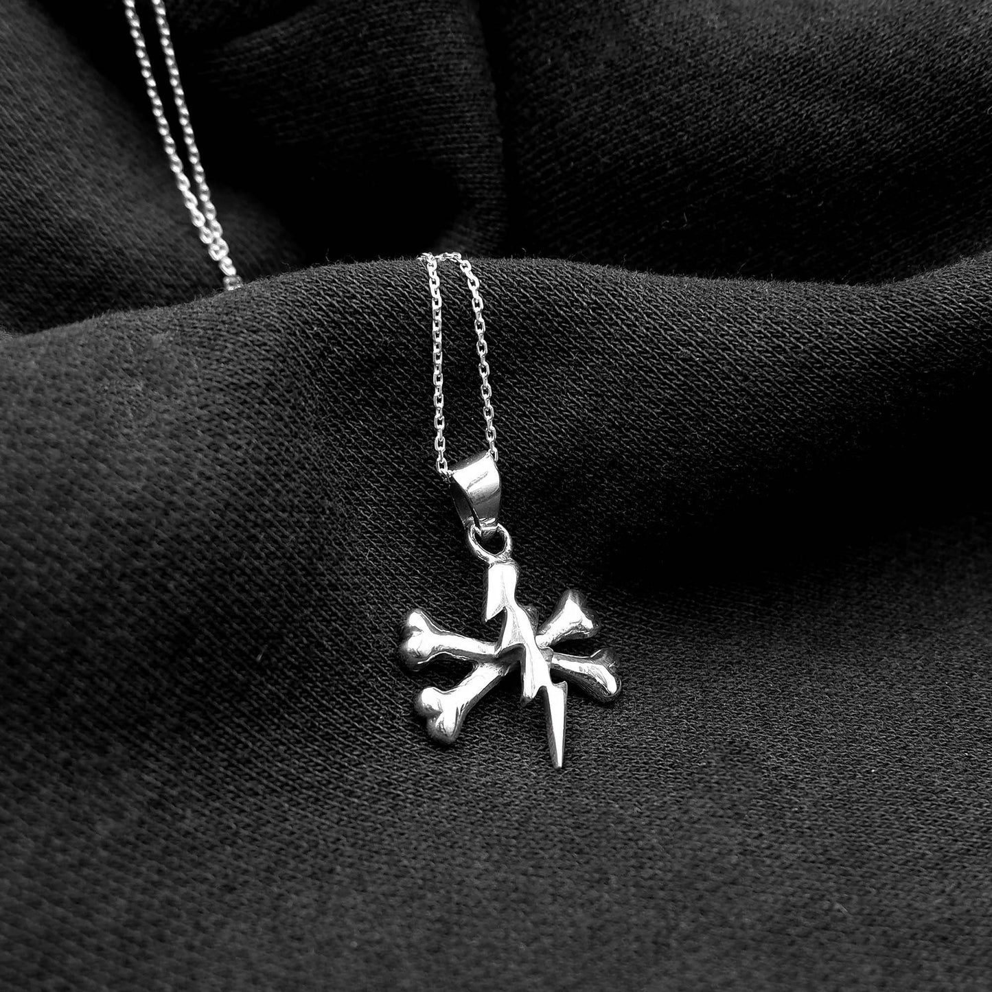 Steampunk Cross bone Thunder Pendant Necklace - 925 Sterling Silver -Lightning bolt Skeleton Punk Metal Necklace - Lighning Pendant Necklace - Aster & Trinkets