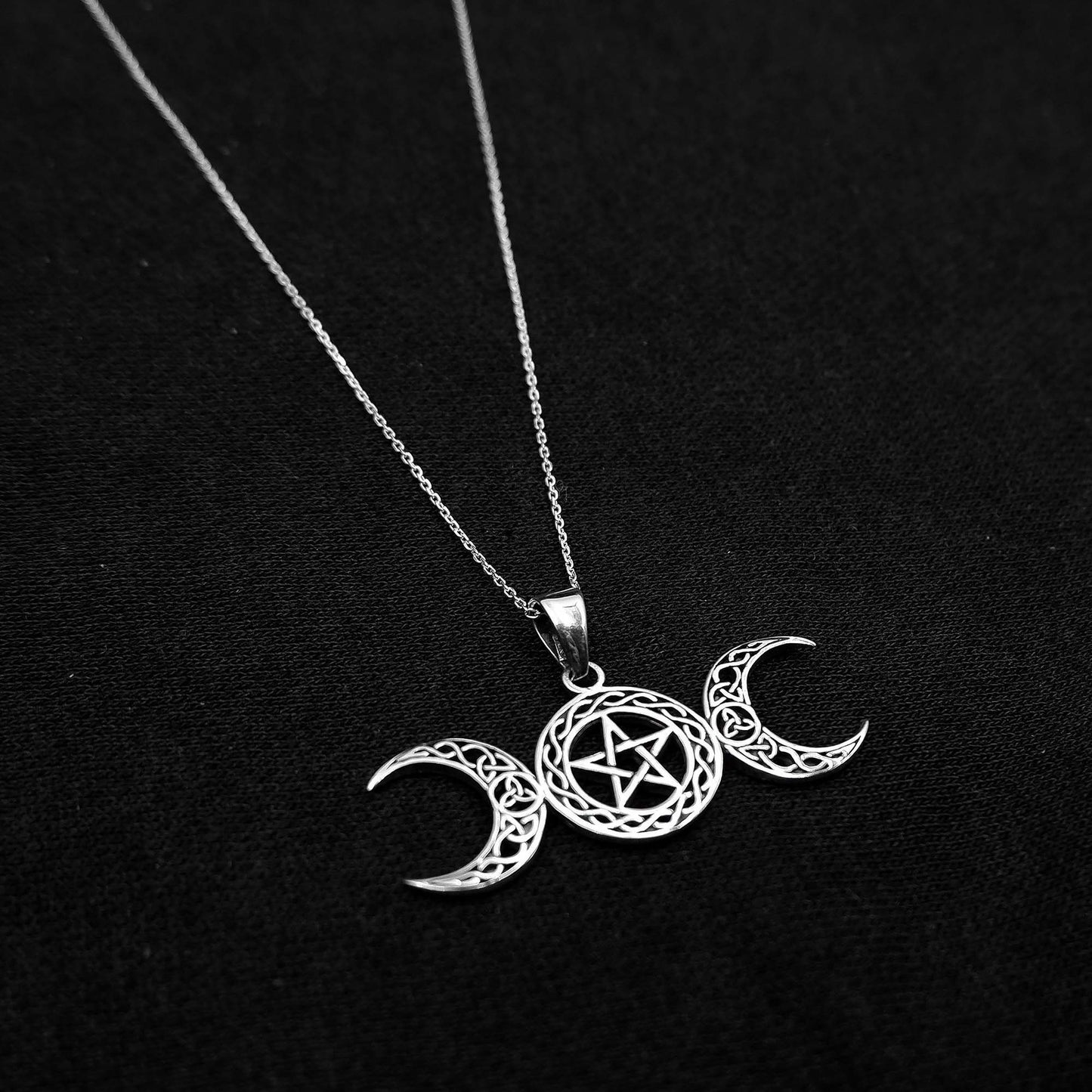 Celtic Triple moon pentagram necklace, 925 Silver Pentagram moon necklace, Moon Goddess Pendant, Pentacle Wiccan Witch Occult Pagan Necklace - Aster & Trinkets