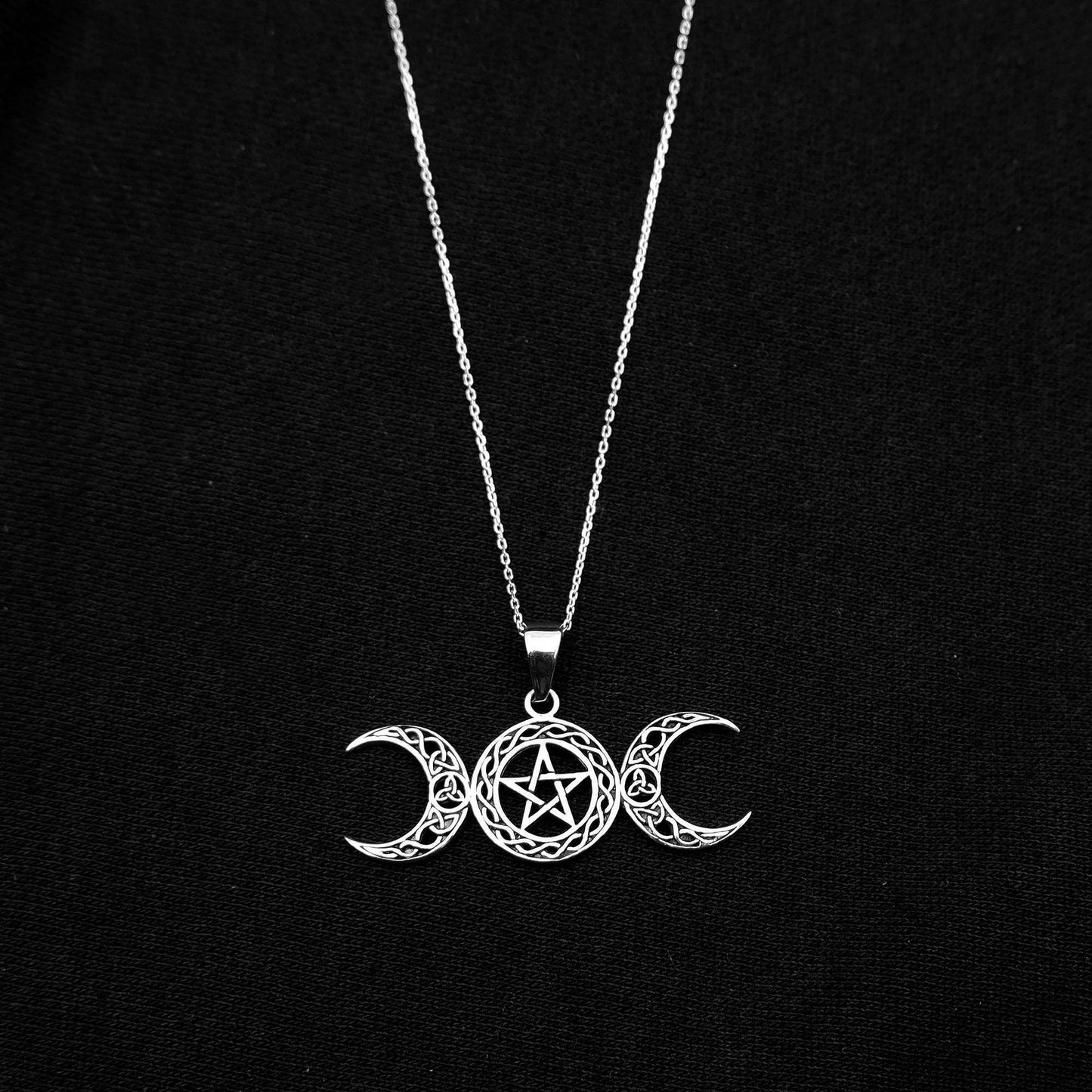 Celtic Triple moon pentagram necklace, 925 Silver Pentagram moon necklace, Moon Goddess Pendant, Pentacle Wiccan Witch Occult Pagan Necklace - Aster & Trinkets