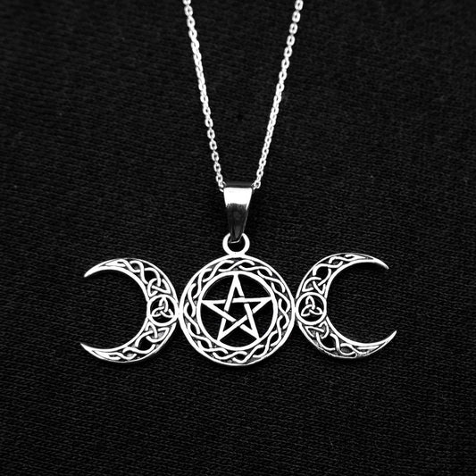 Celtic Triple moon pentagram necklace, 925 Silver Pentagram moon necklace, Moon Goddess Pendant, Pentacle Wiccan Witch Occult Pagan Necklace - Aster & Trinkets