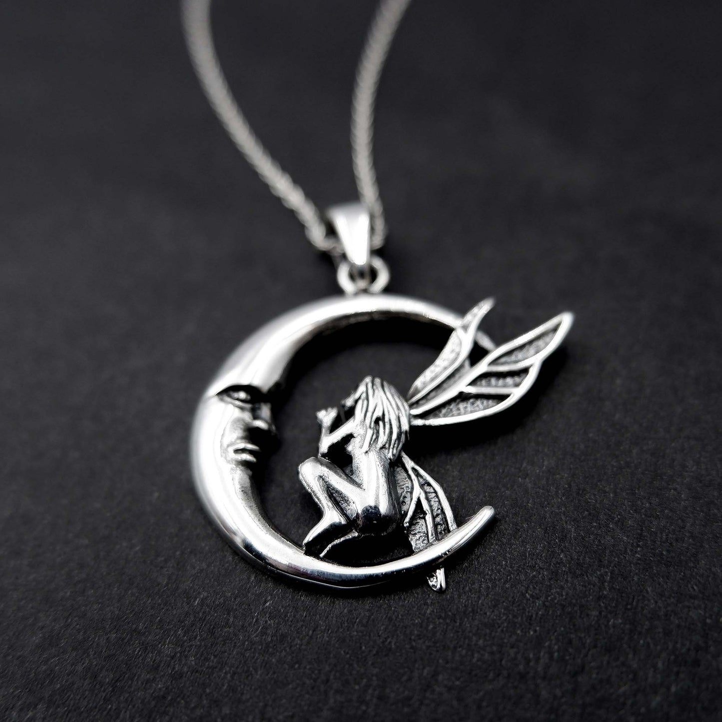 Fairy Crescent Moon Necklace, 925 Sterling Silver, Moon Design Fairy Pendant Necklace, Fairy Nymph Necklace Pendant, Pixie Fairy Necklace - Aster & Trinkets