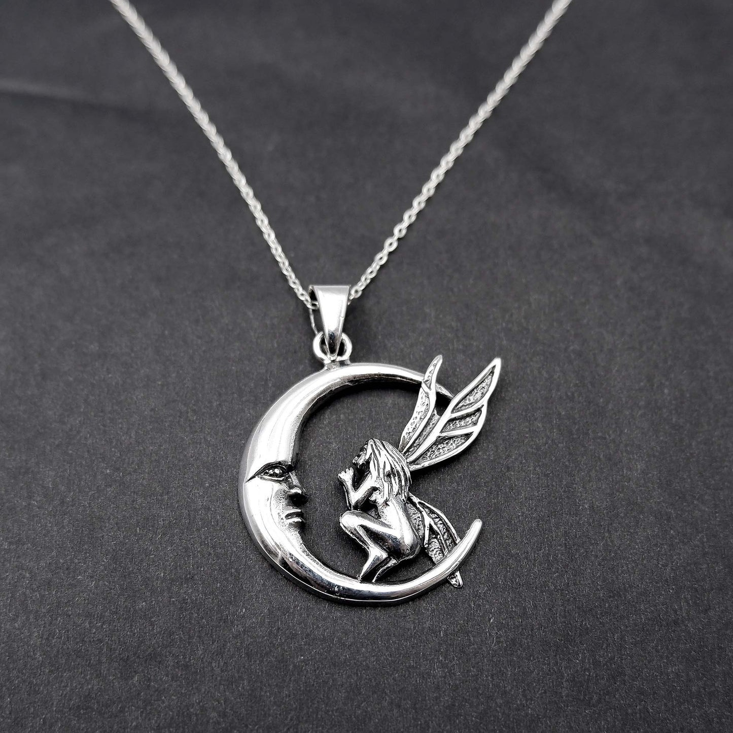 Fairy Crescent Moon Necklace, 925 Sterling Silver, Moon Design Fairy Pendant Necklace, Fairy Nymph Necklace Pendant, Pixie Fairy Necklace - Aster & Trinkets