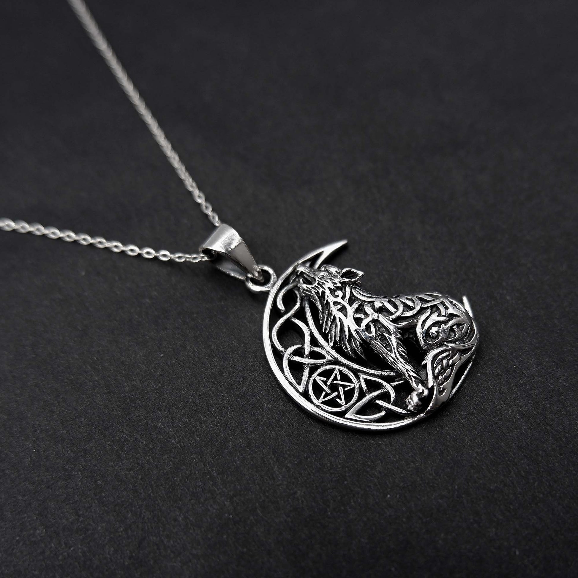 Celtic Wolf Necklace - 925 Sterling Silver Celtic Pentagram Wolf Jewelry, Moon Necklace, Pagan Jewelry, Viking Jewelry, Crescent Moon Gift - Aster & Trinkets