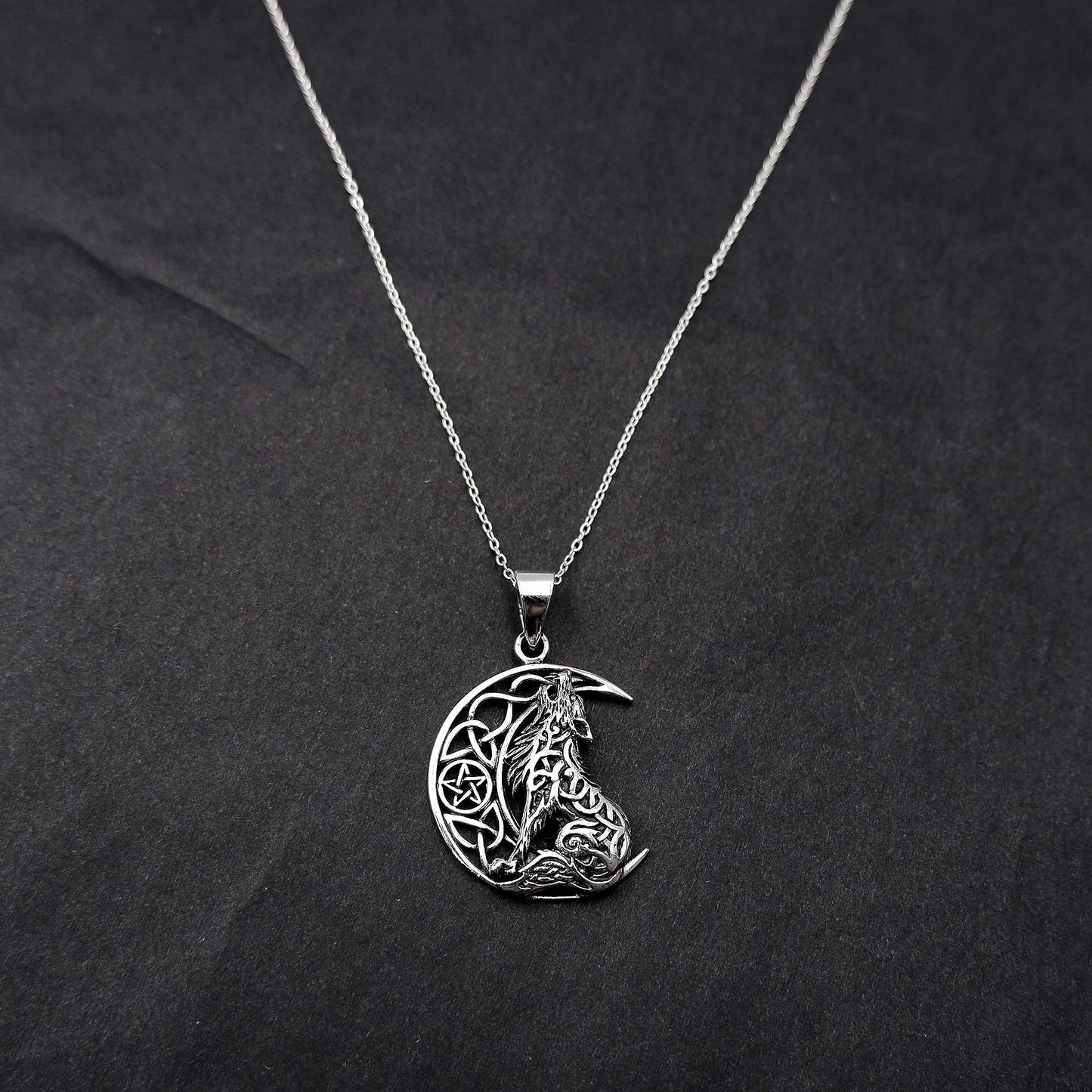 Celtic Wolf Necklace - 925 Sterling Silver Celtic Pentagram Wolf Jewelry, Moon Necklace, Pagan Jewelry, Viking Jewelry, Crescent Moon Gift - Aster & Trinkets