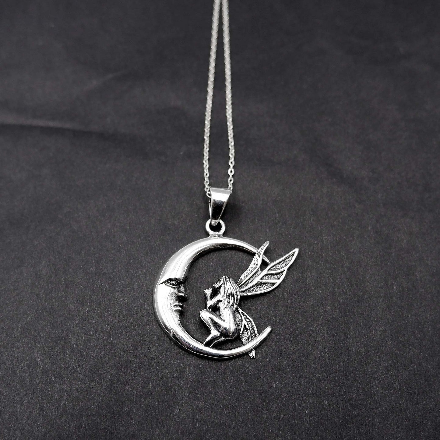 Fairy Crescent Moon Necklace, 925 Sterling Silver, Moon Design Fairy Pendant Necklace, Fairy Nymph Necklace Pendant, Pixie Fairy Necklace - Aster & Trinkets