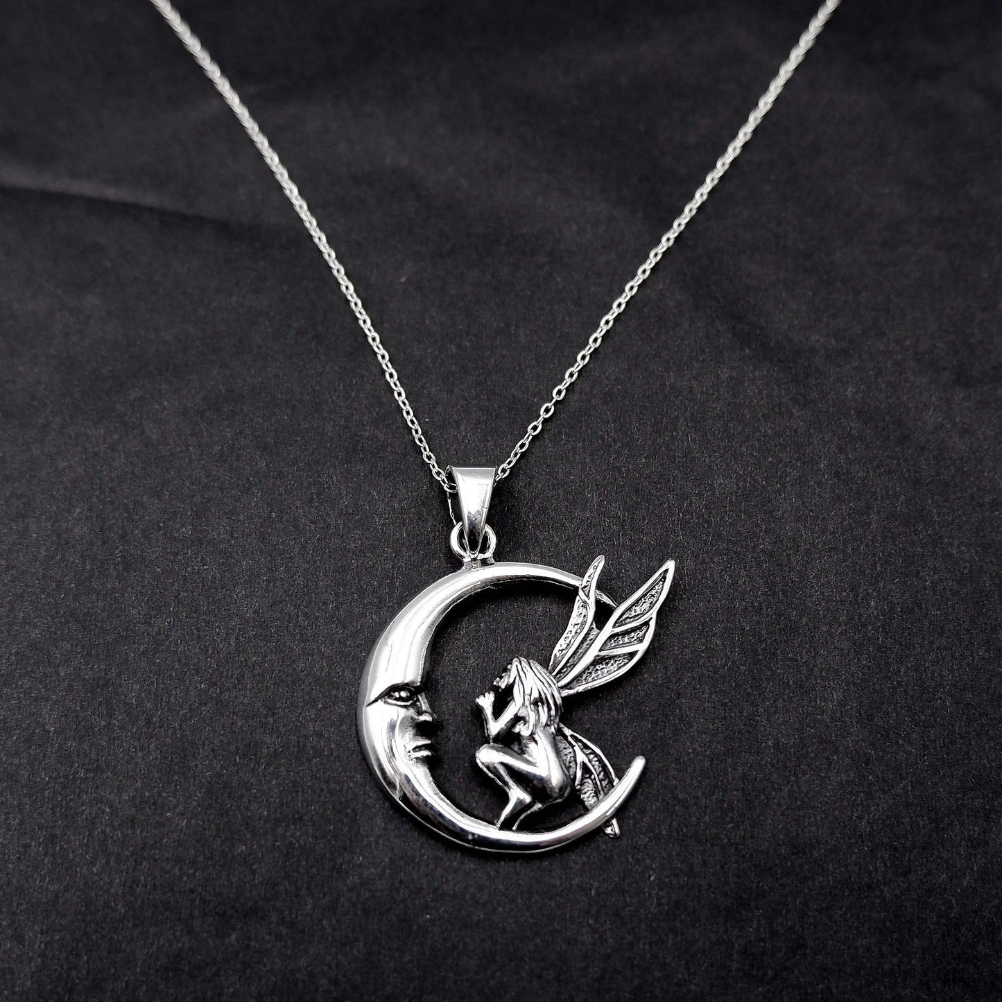 Fairy Crescent Moon Necklace, 925 Sterling Silver, Moon Design Fairy Pendant Necklace, Fairy Nymph Necklace Pendant, Pixie Fairy Necklace - Aster & Trinkets