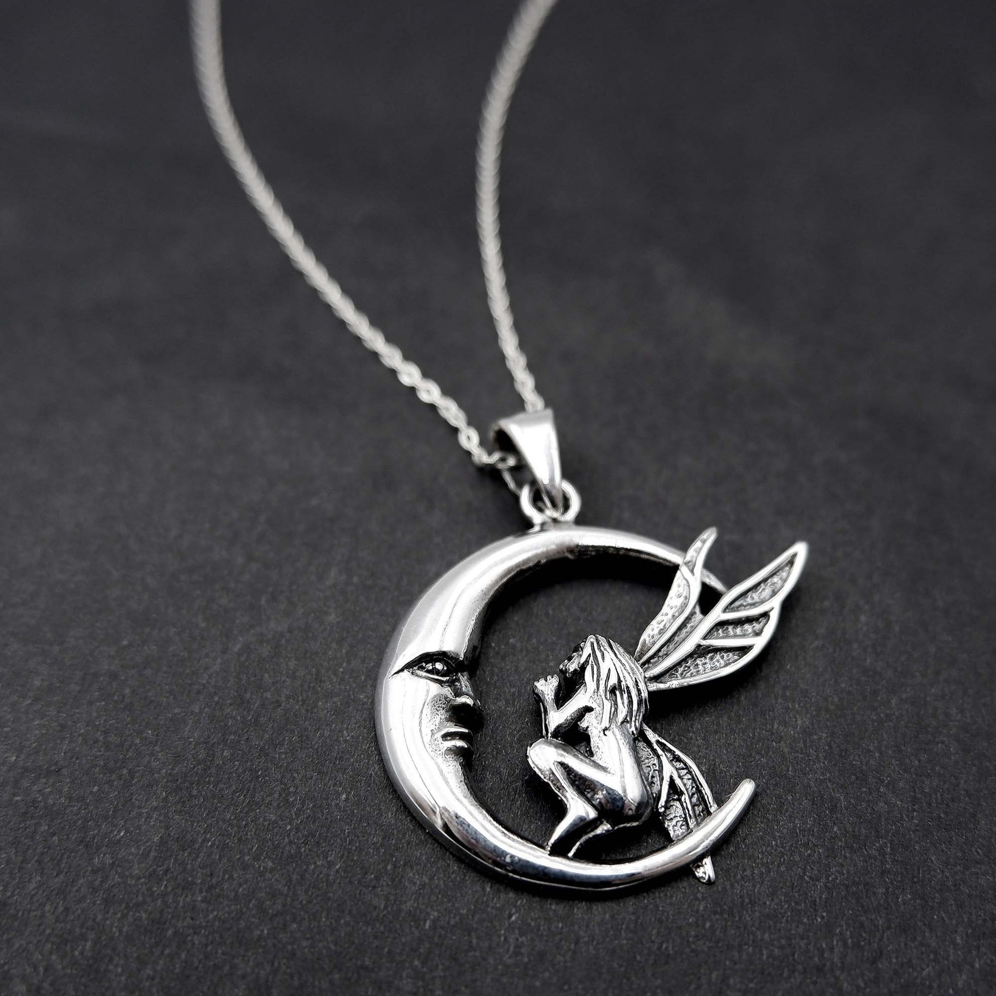 Fairy Crescent Moon Necklace, 925 Sterling Silver, Moon Design Fairy Pendant Necklace, Fairy Nymph Necklace Pendant, Pixie Fairy Necklace - Aster & Trinkets