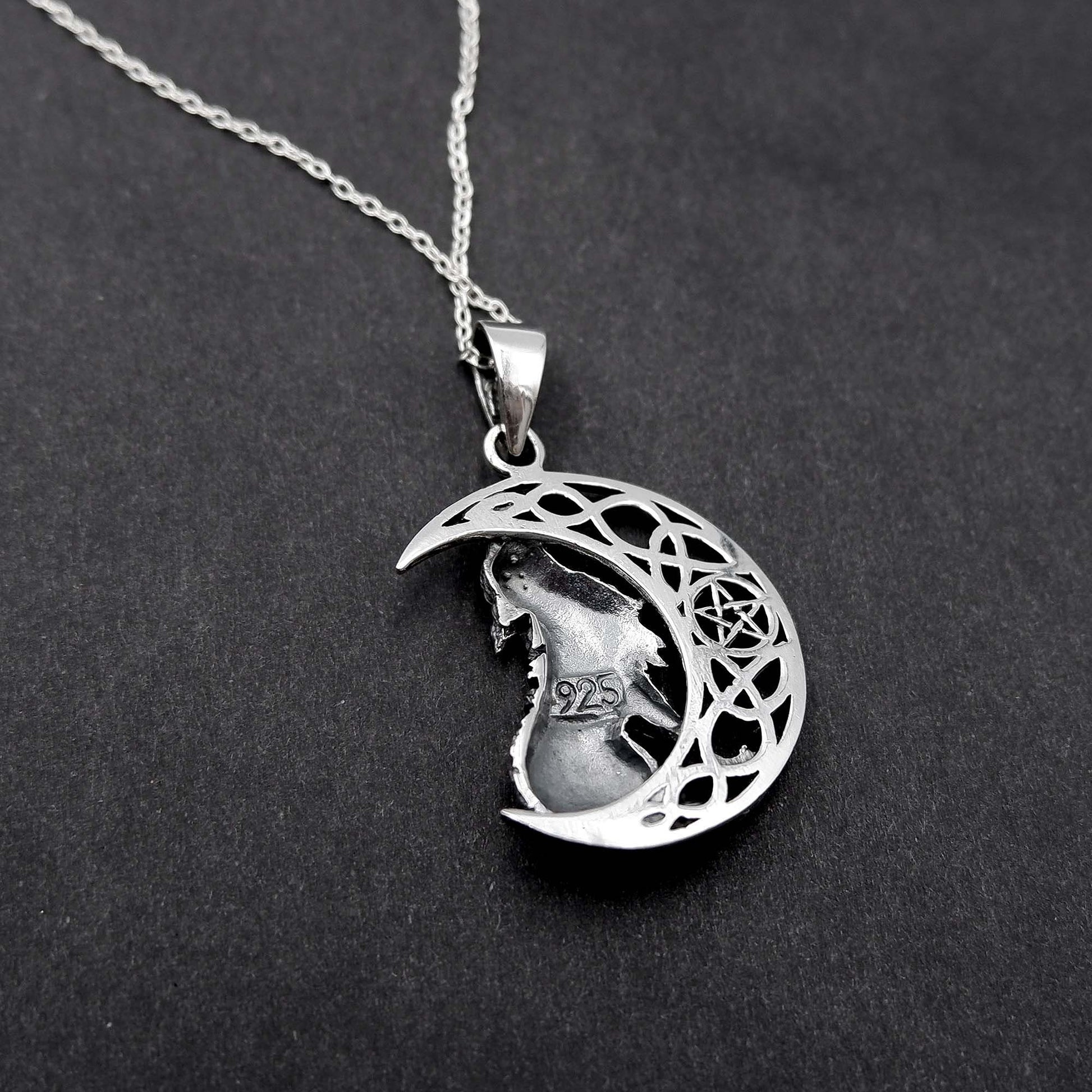 Celtic Wolf Necklace - 925 Sterling Silver Celtic Pentagram Wolf Jewelry, Moon Necklace, Pagan Jewelry, Viking Jewelry, Crescent Moon Gift - Aster & Trinkets