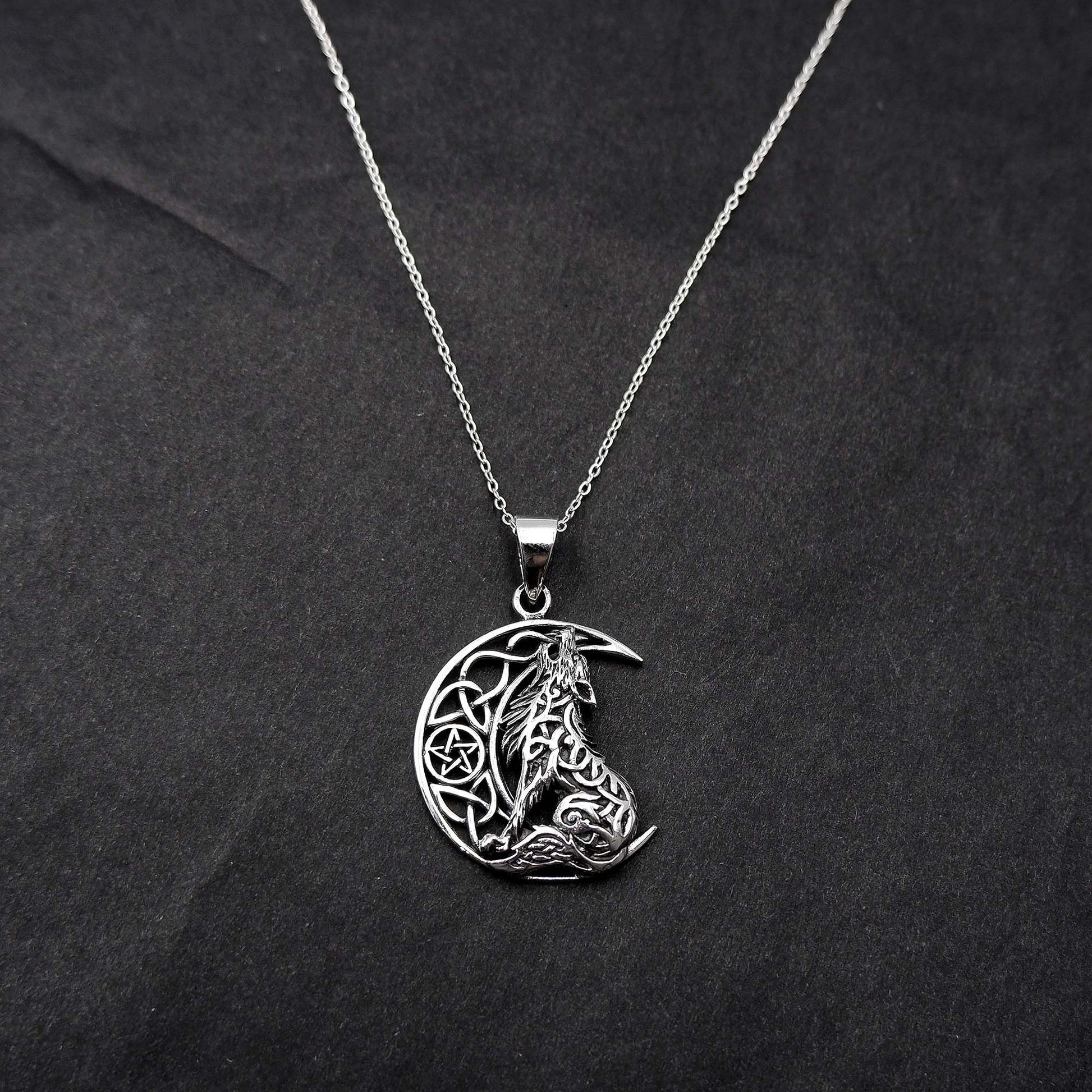 Celtic Wolf Necklace - 925 Sterling Silver Celtic Pentagram Wolf Jewelry, Moon Necklace, Pagan Jewelry, Viking Jewelry, Crescent Moon Gift - Aster & Trinkets