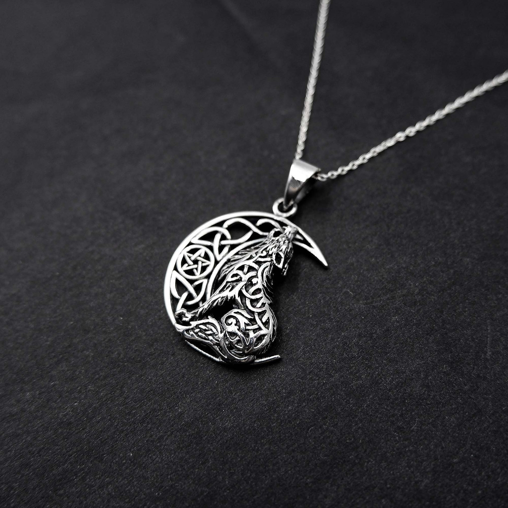 Celtic Wolf Necklace - 925 Sterling Silver Celtic Pentagram Wolf Jewelry, Moon Necklace, Pagan Jewelry, Viking Jewelry, Crescent Moon Gift - Aster & Trinkets