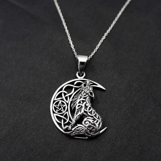 Celtic Wolf Necklace - 925 Sterling Silver Celtic Pentagram Wolf Jewelry, Moon Necklace, Pagan Jewelry, Viking Jewelry, Crescent Moon Gift - Aster & Trinkets