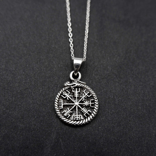 Dragon ouroboros with vegvisir Necklace, 925 Silver Wayfinder Runic Circle Compass Pendant, Helm of Awe Runic, Veldismagn talisman necklace - Aster & Trinkets