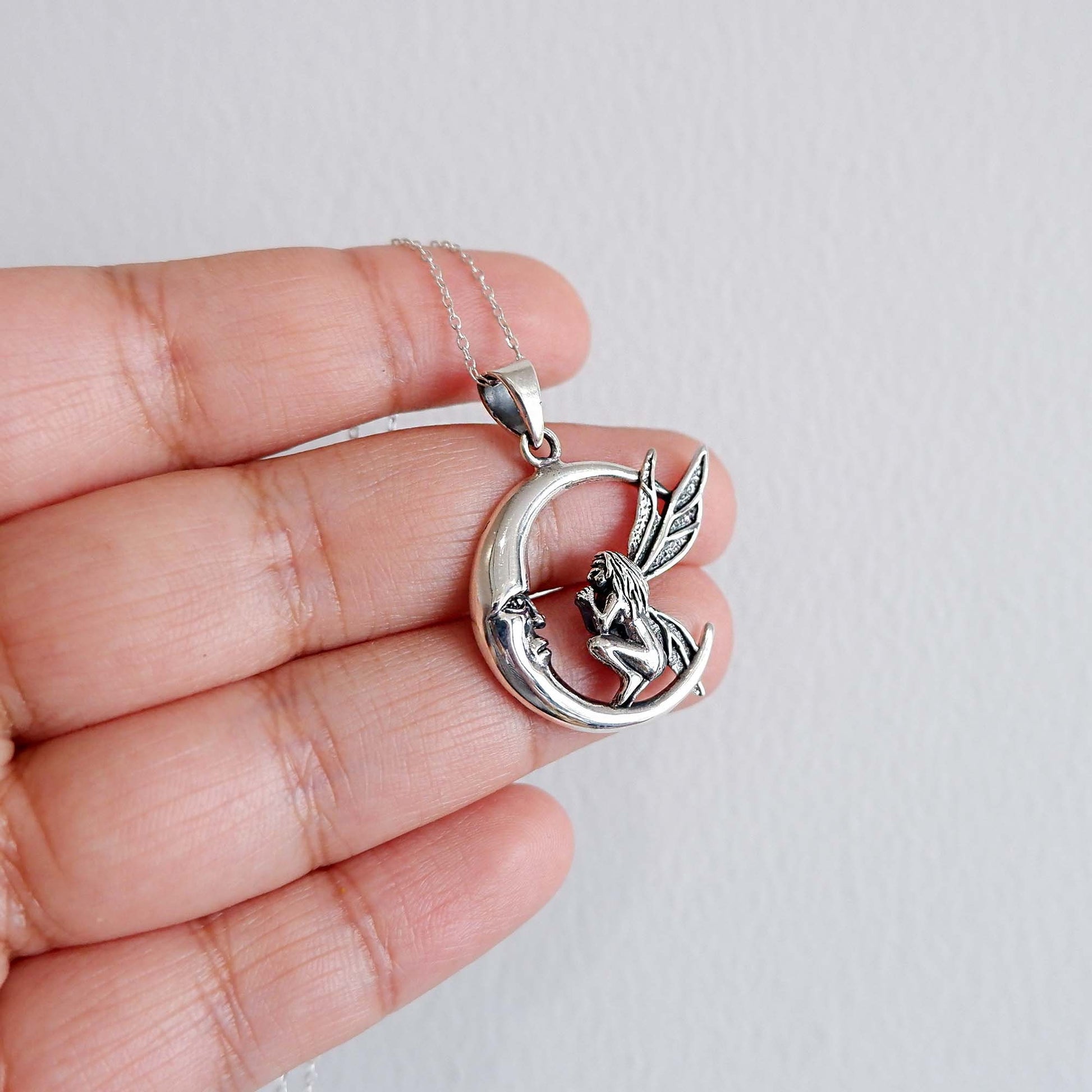 Fairy Crescent Moon Necklace, 925 Sterling Silver, Moon Design Fairy Pendant Necklace, Fairy Nymph Necklace Pendant, Pixie Fairy Necklace - Aster & Trinkets