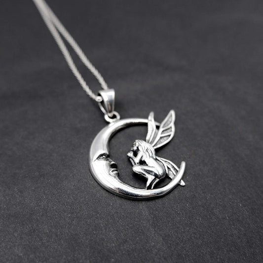 Fairy Crescent Moon Necklace, 925 Sterling Silver, Moon Design Fairy Pendant Necklace, Fairy Nymph Necklace Pendant, Pixie Fairy Necklace - Aster & Trinkets