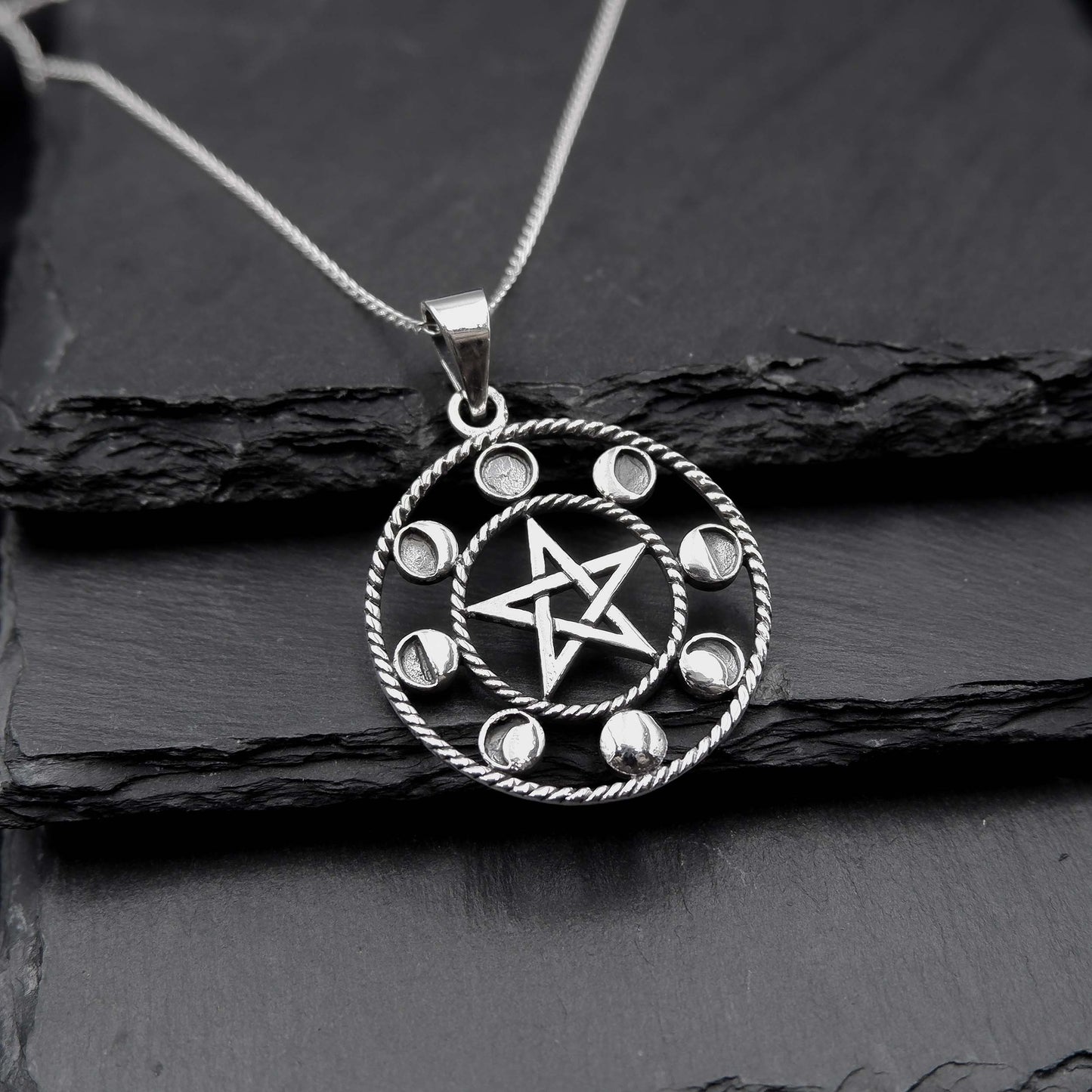 925 Sterling Silver Moon Phases Pentacle Pendant Necklace - Celestial Boho Moon Lunar Charm Necklace - Bohemian Moon Phases Astrology - Aster & Trinkets