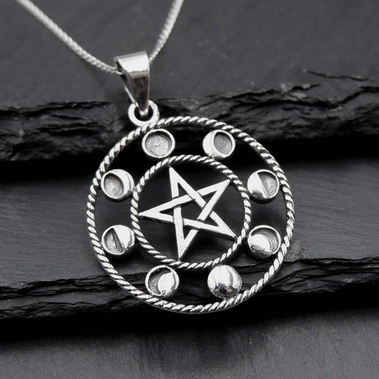 925 Sterling Silver Moon Phases Pentacle Pendant Necklace - Celestial Boho Moon Lunar Charm Necklace - Bohemian Moon Phases Astrology - Aster & Trinkets