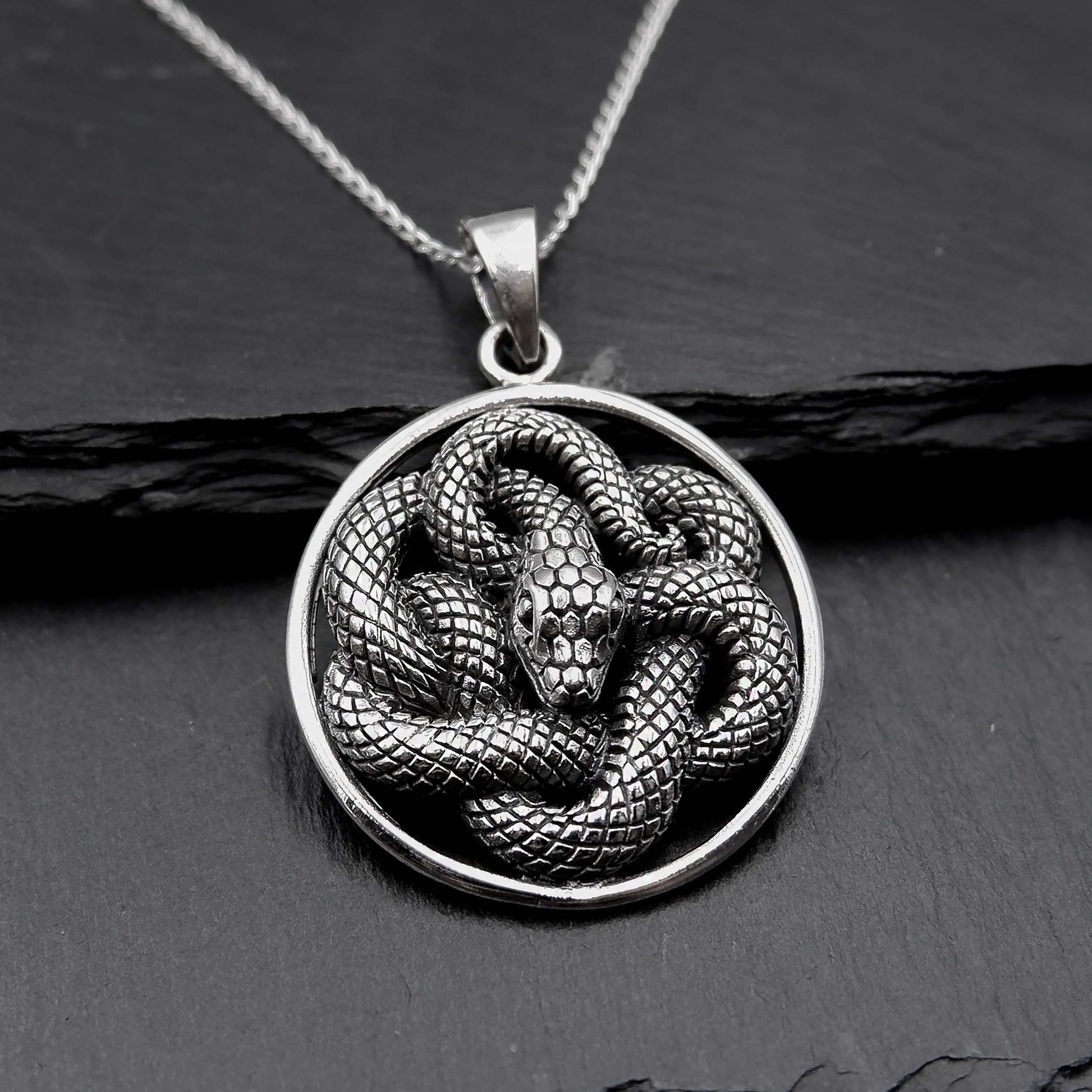 Coiled Snake Serpent Ouroboros Necklace - 925 Silver Serpent Charm Pendant - Serpentine Snake Jewelry - Pagan Wiccan Goth Witchy Necklace - Aster & Trinkets