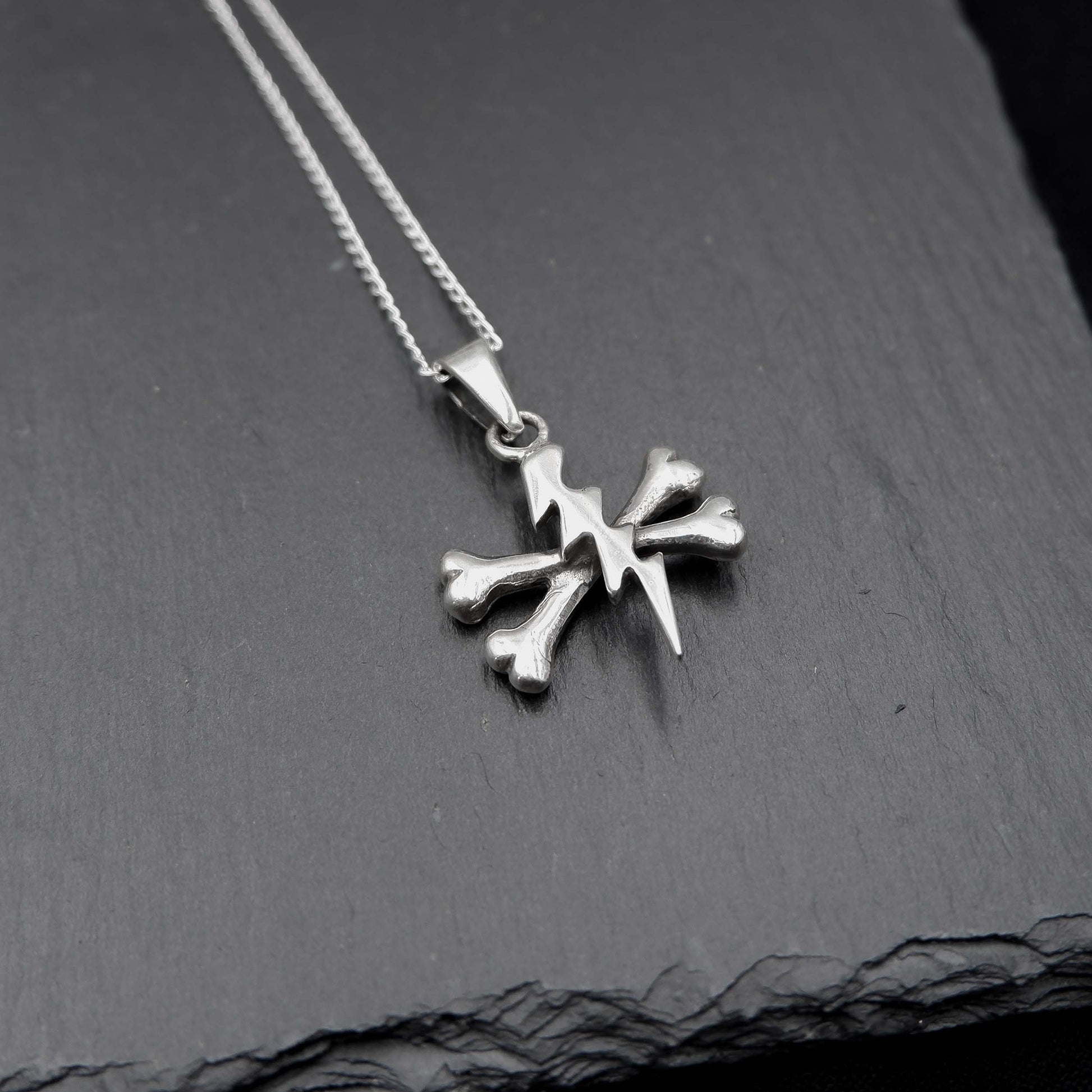 Steampunk Cross bone Thunder Pendant Necklace - 925 Sterling Silver -Lightning bolt Skeleton Punk Metal Necklace - Lighning Pendant Necklace - Aster & Trinkets