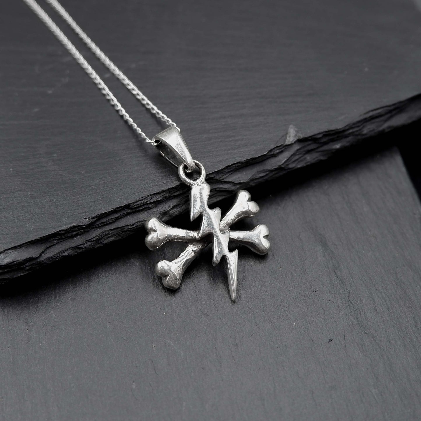 Steampunk Cross bone Thunder Pendant Necklace - 925 Sterling Silver -Lightning bolt Skeleton Punk Metal Necklace - Lighning Pendant Necklace - Aster & Trinkets