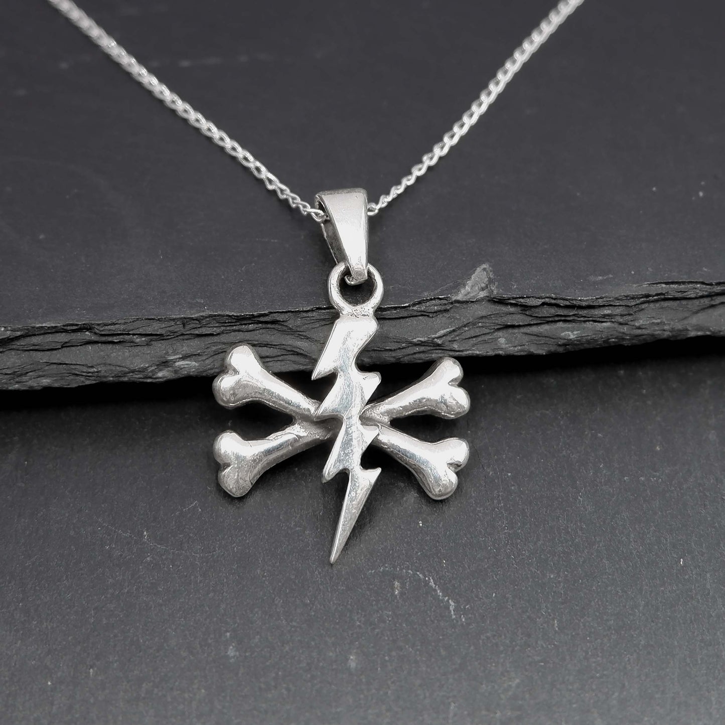 Steampunk Cross bone Thunder Pendant Necklace - 925 Sterling Silver -Lightning bolt Skeleton Punk Metal Necklace - Lighning Pendant Necklace - Aster & Trinkets