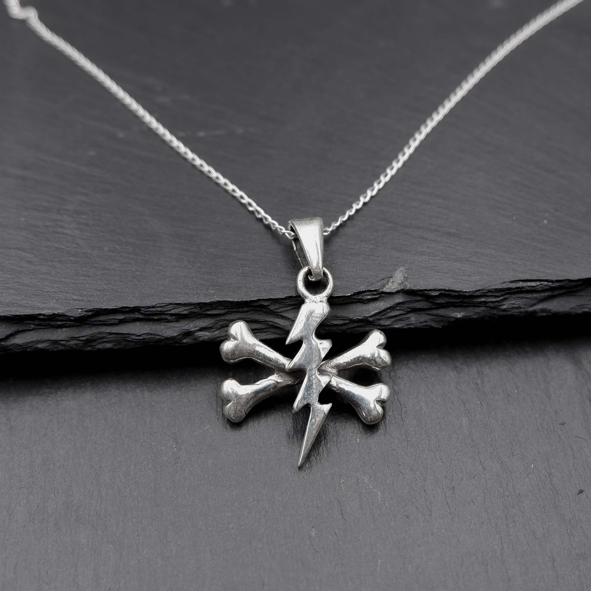 Steampunk Cross bone Thunder Pendant Necklace - 925 Sterling Silver -Lightning bolt Skeleton Punk Metal Necklace - Lighning Pendant Necklace - Aster & Trinkets