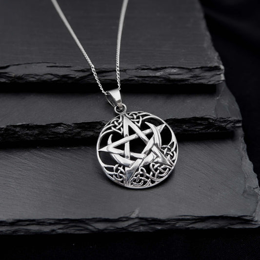 Celtic Wiccan Moon Pentagram Necklace, 925 Silver Crescent Moon Pentacle Pendant - Magic Witch Pentagram Goth Gothic Pendant Charm Necklace - Aster & Trinkets