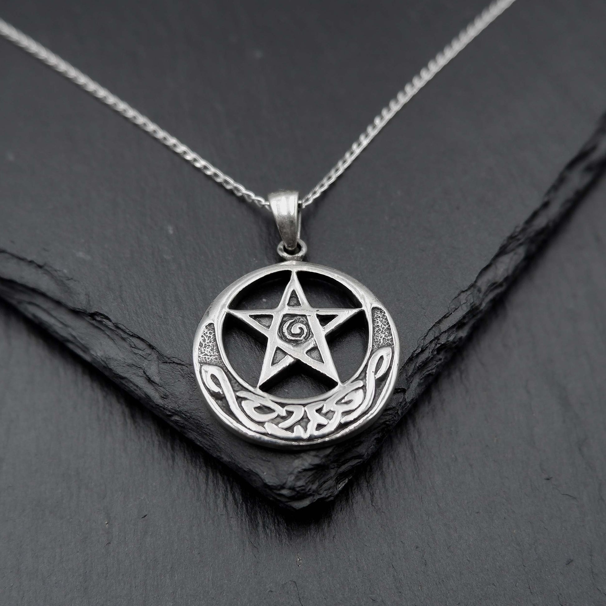 925 Sterling Silver Celtic Moon and Star Pendant Necklace - Crescent Moon Necklace - Celtic Moon Charm Necklace - Celtic Pentacle Jewelry - Aster & Trinkets