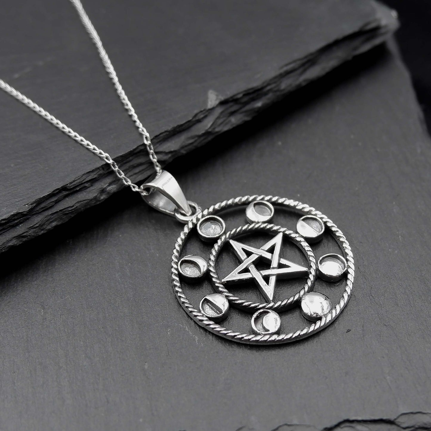 925 Sterling Silver Moon Phases Pentacle Pendant Necklace - Celestial Boho Moon Lunar Charm Necklace - Bohemian Moon Phases Astrology - Aster & Trinkets