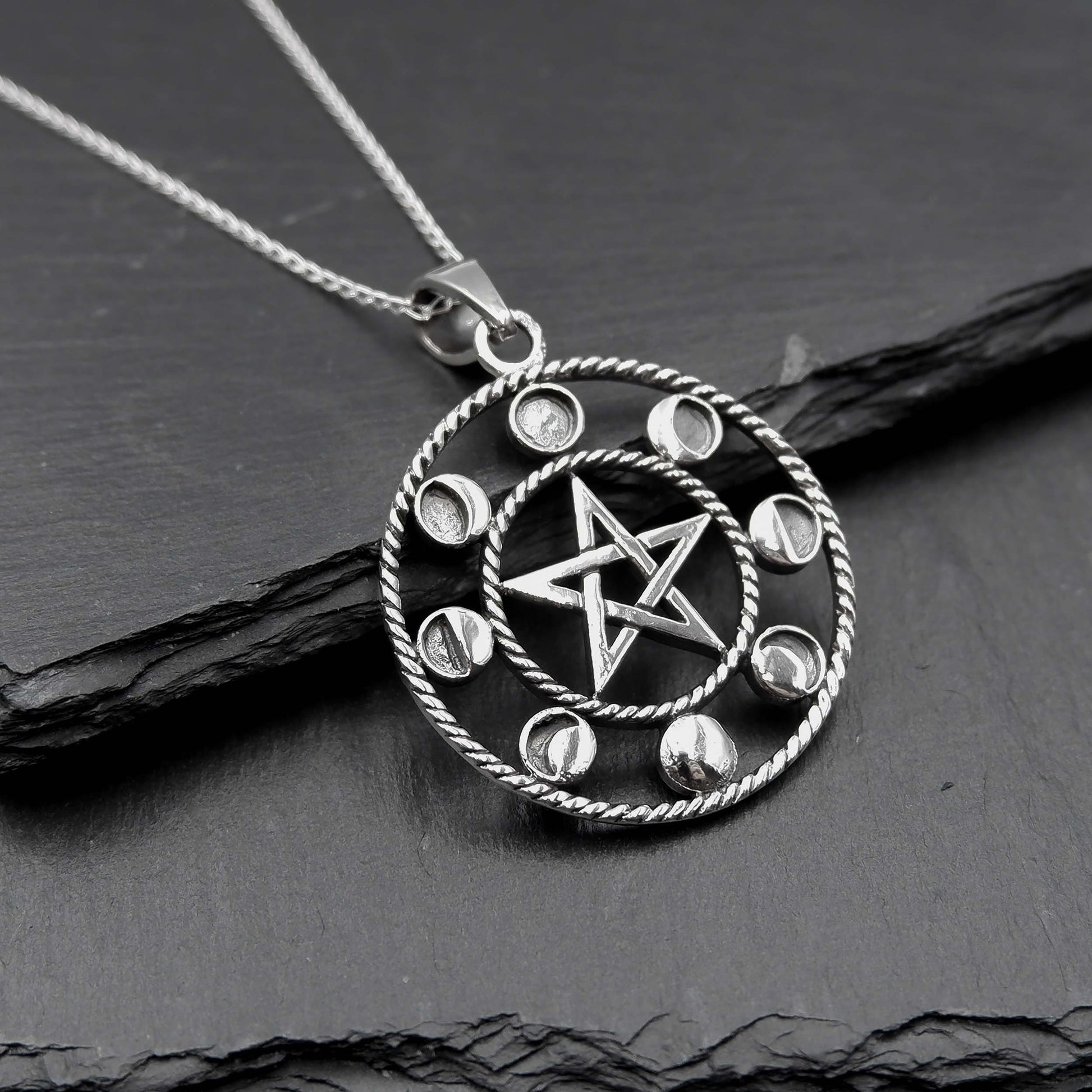 925 Sterling Silver Moon Phases Pentacle Pendant Necklace - Celestial Boho Moon Lunar Charm Necklace - Bohemian Moon Phases Astrology - Aster & Trinkets