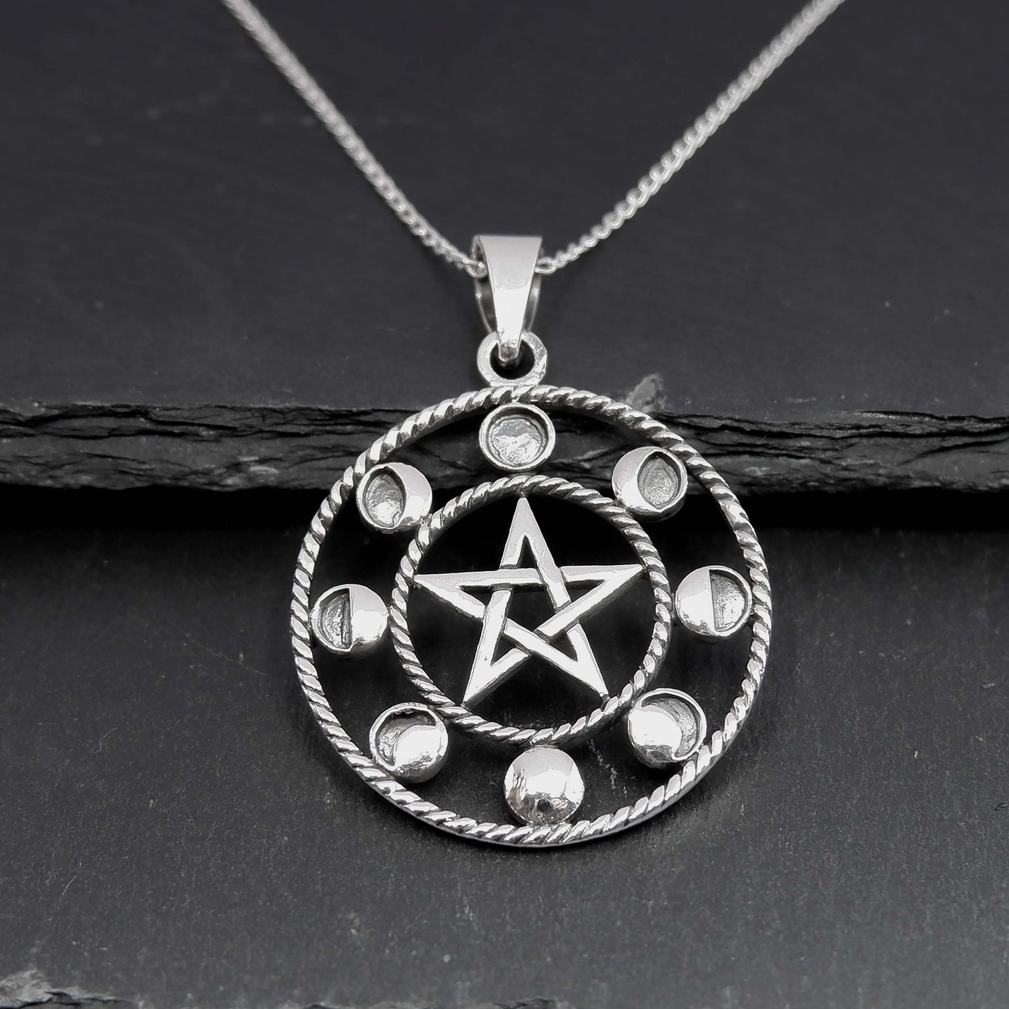 925 Sterling Silver Moon Phases Pentacle Pendant Necklace - Celestial Boho Moon Lunar Charm Necklace - Bohemian Moon Phases Astrology - Aster & Trinkets