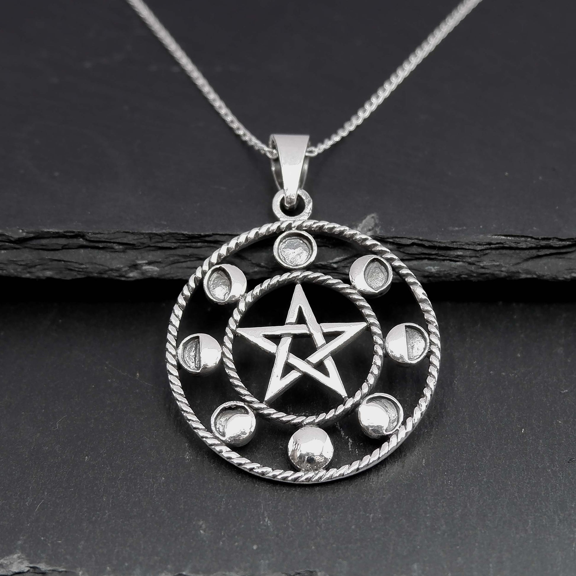 925 Sterling Silver Moon Phases Pentacle Pendant Necklace - Celestial Boho Moon Lunar Charm Necklace - Bohemian Moon Phases Astrology - Aster & Trinkets