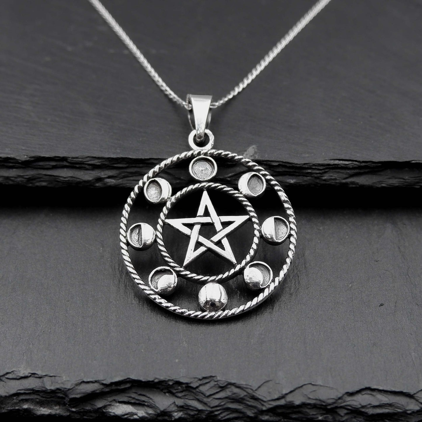 925 Sterling Silver Moon Phases Pentacle Pendant Necklace - Celestial Boho Moon Lunar Charm Necklace - Bohemian Moon Phases Astrology - Aster & Trinkets