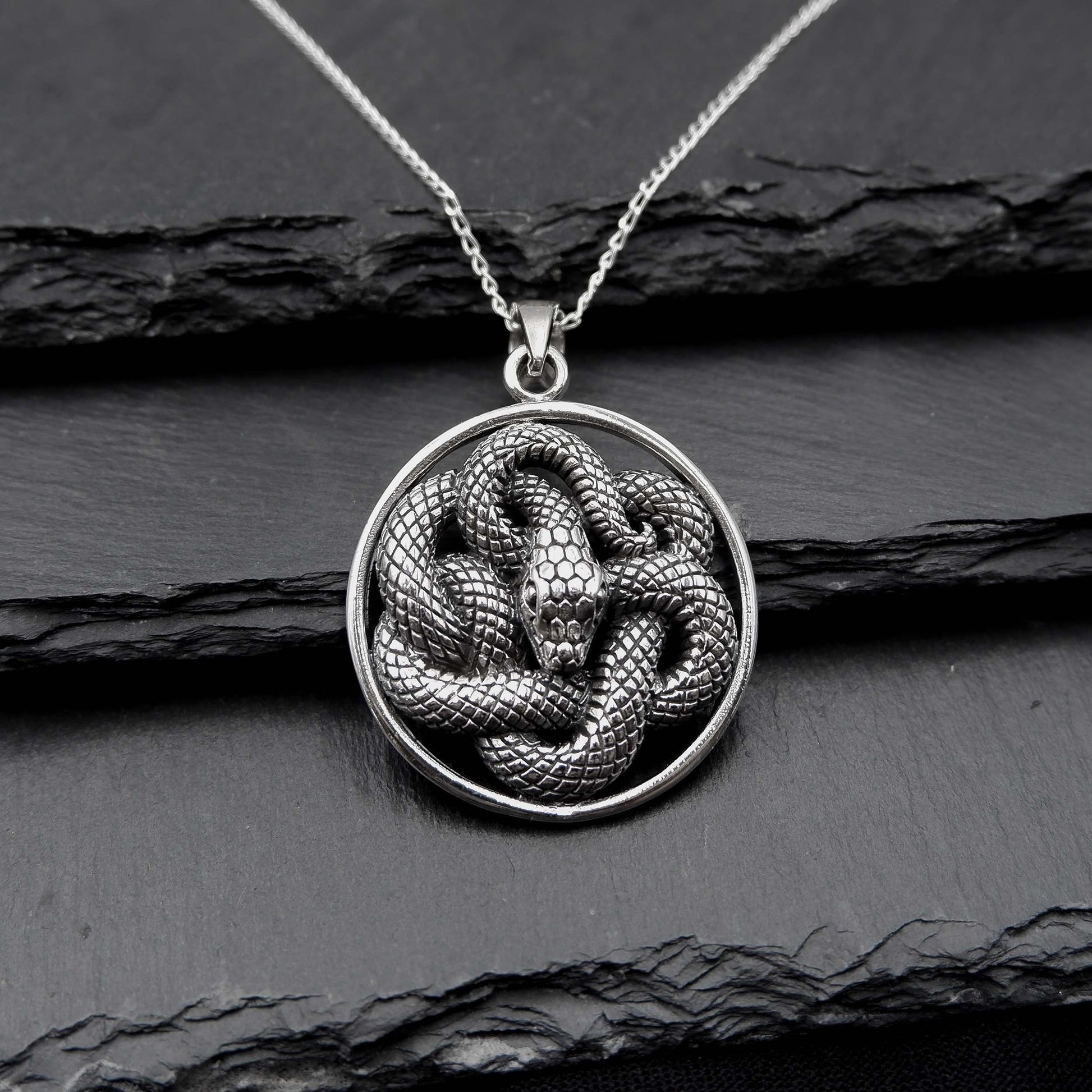 Coiled Snake Serpent Ouroboros Necklace - 925 Silver Serpent Charm Pendant - Serpentine Snake Jewelry - Pagan Wiccan Goth Witchy Necklace - Aster & Trinkets