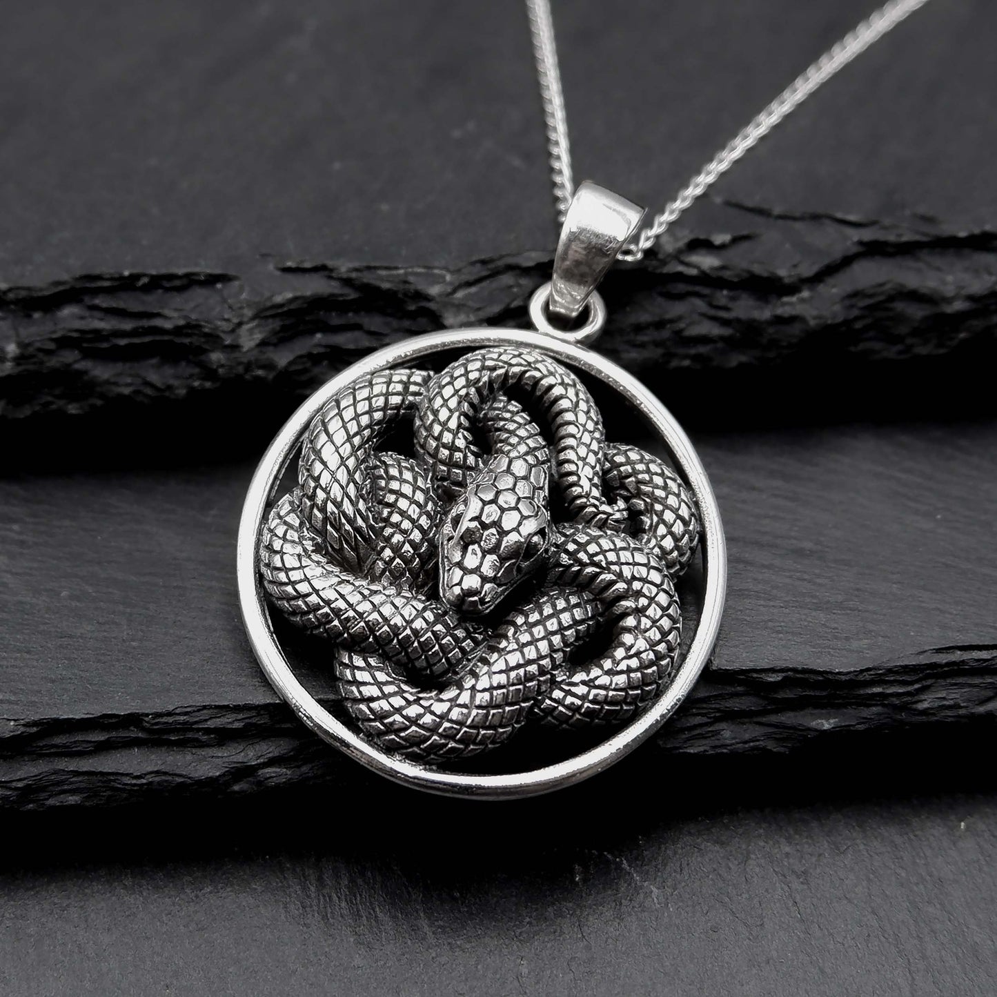 Coiled Snake Serpent Ouroboros Necklace - 925 Silver Serpent Charm Pendant - Serpentine Snake Jewelry - Pagan Wiccan Goth Witchy Necklace - Aster & Trinkets