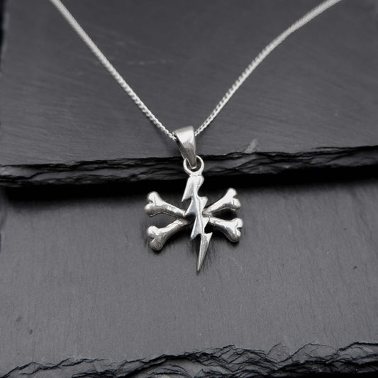 Steampunk Cross bone Thunder Pendant Necklace - 925 Sterling Silver -Lightning bolt Skeleton Punk Metal Necklace - Lighning Pendant Necklace - Aster & Trinkets